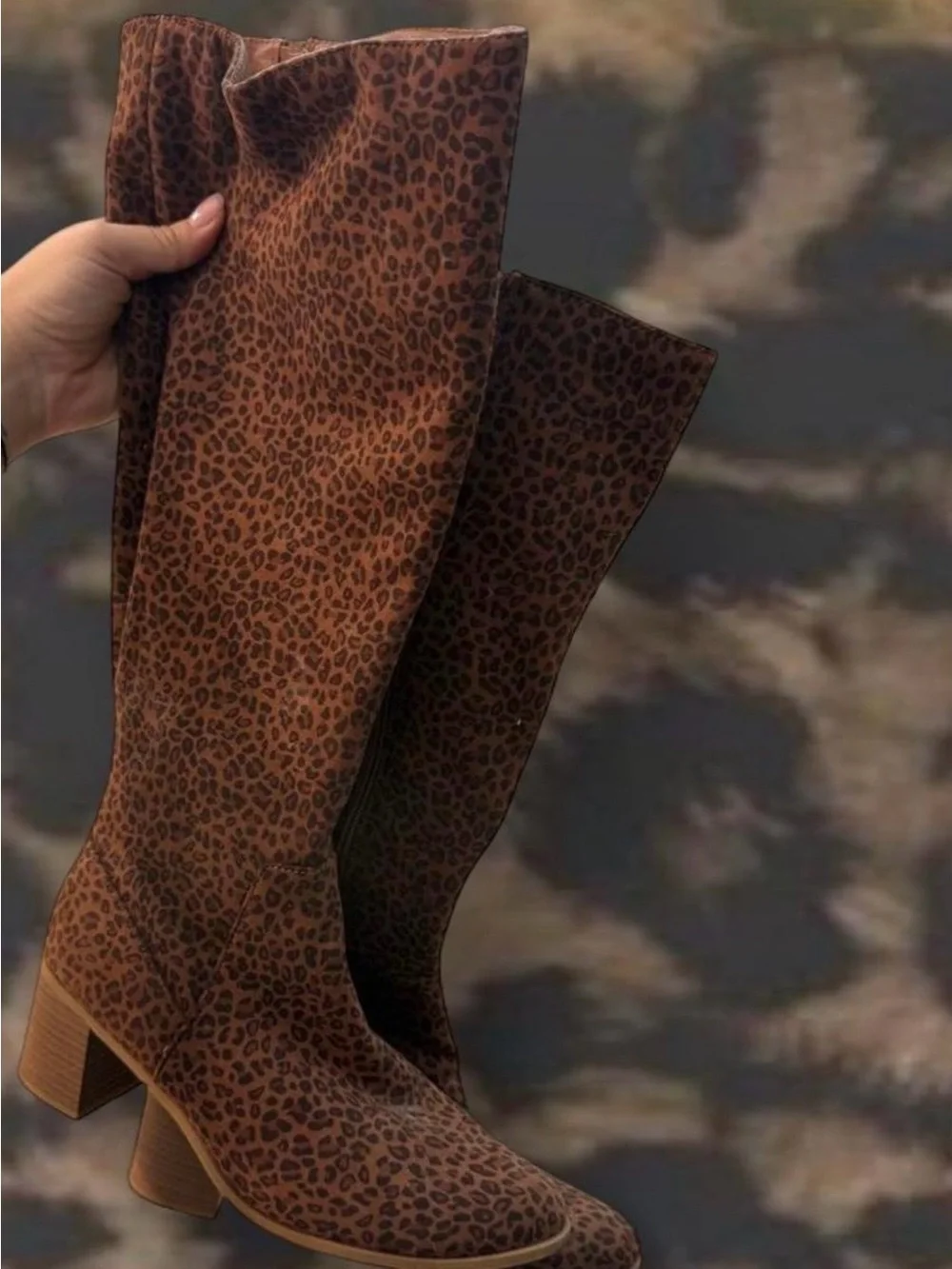 Brown Leopard Over-the-Knee Block Heel Boots